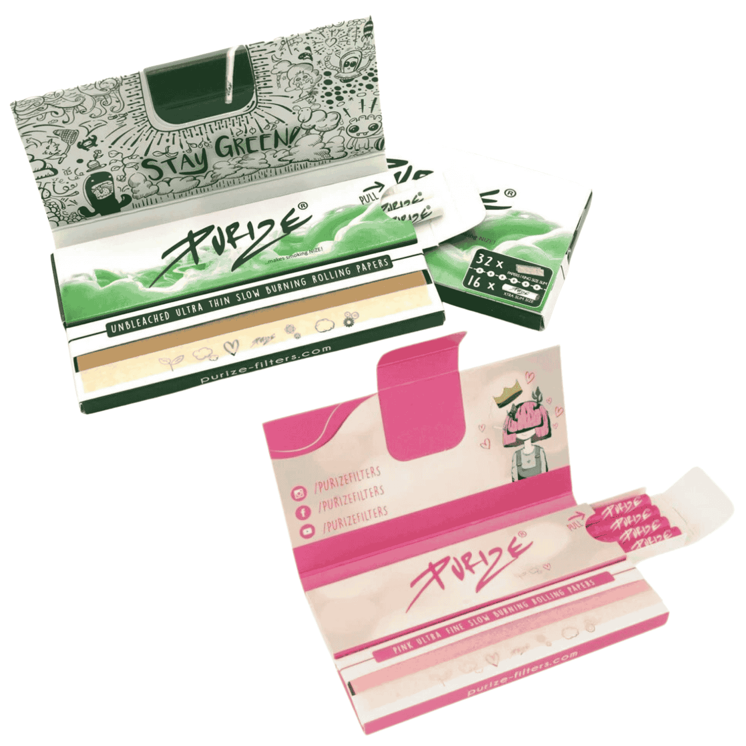 PURIZE Papers and Tips in Grün und Pink, zwei geöffnete Heftchen mit Papers, integrierten Tips und PURIZE Doodle-Design